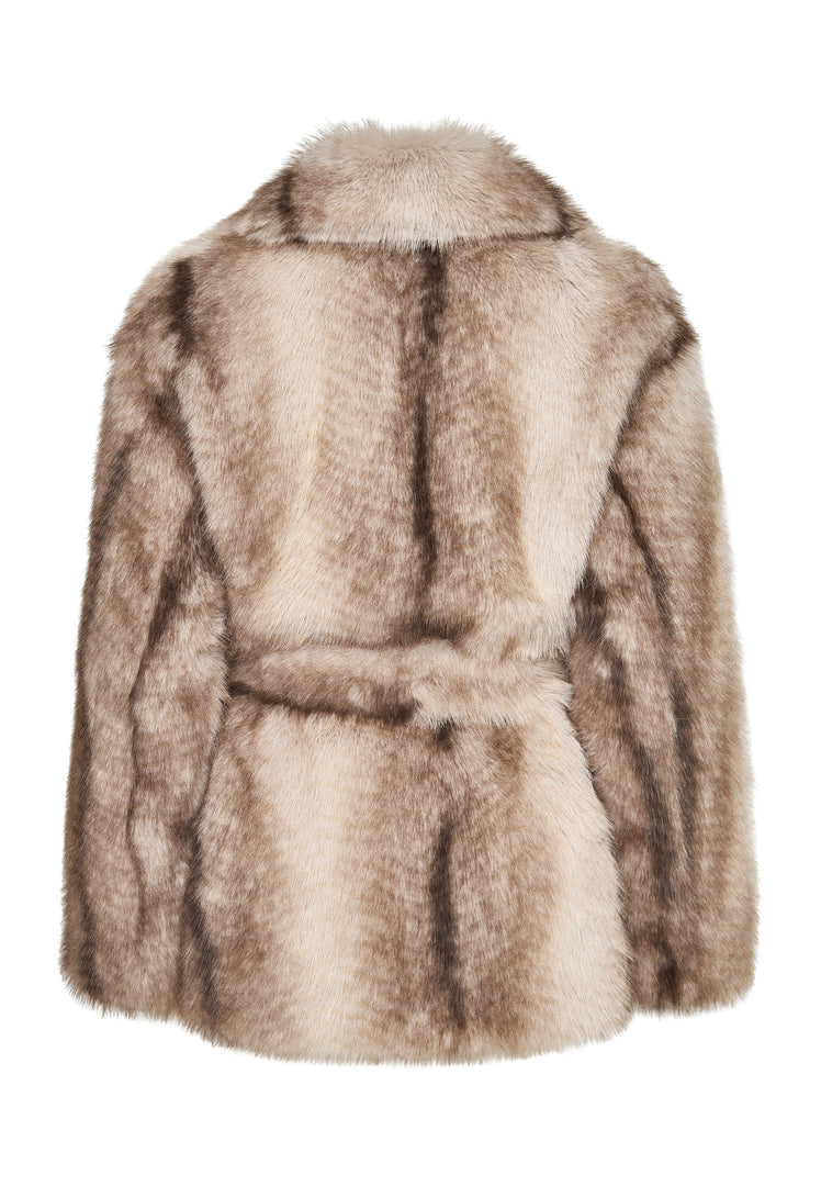 A stylish faux fur brown coat, perfect for winter outerwear in women's fashion, exuding luxury and sophistication.