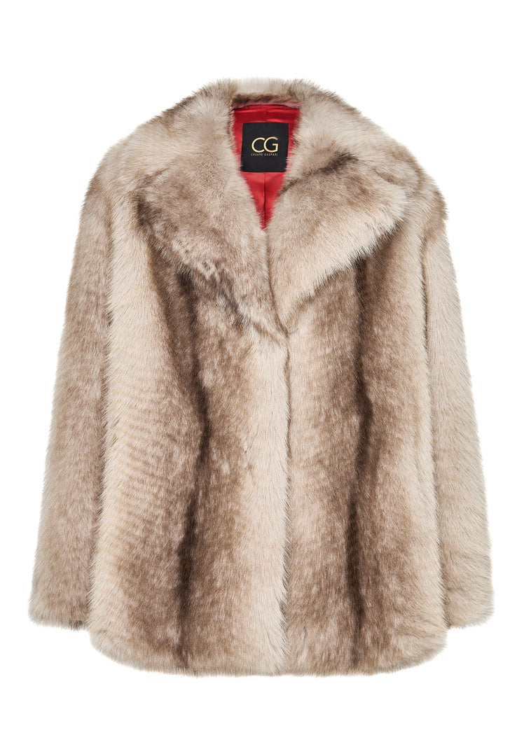 A stylish and elegant faux fur coat in brown, perfect for winter outerwear and showcasing luxury women's fashion.