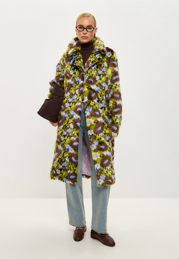A fashionable and trendy long faux fur coat with a vibrant floral print design.
