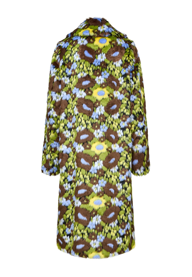 A trendy long faux fur coat with a vibrant floral print, perfect for a fashionable winter look.