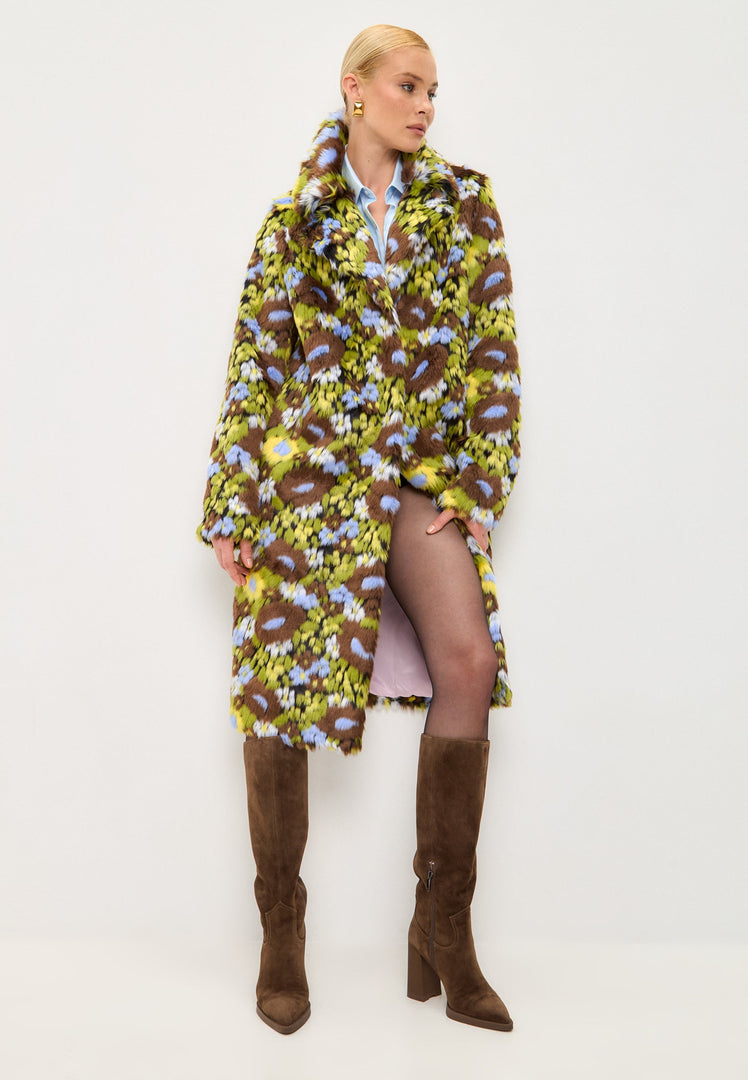 Stay warm and stylish this winter with a trendy long faux fur coat featuring a vibrant floral print design - a fashionable statement piece for the season.