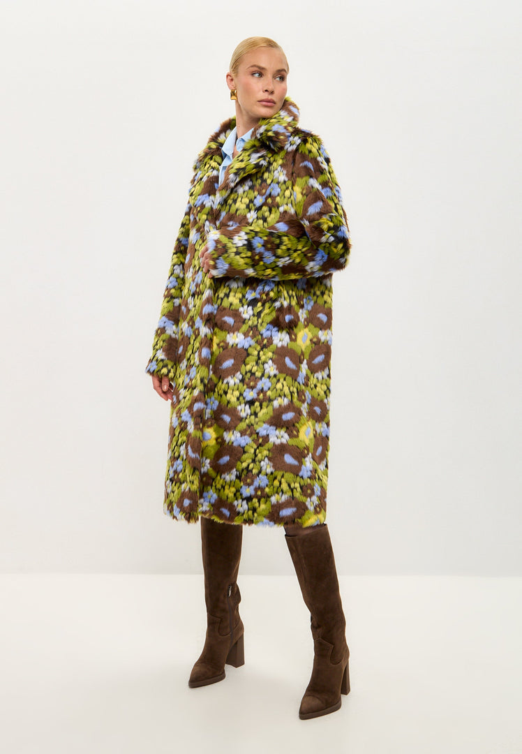 A trendy long faux fur coat with a vibrant floral print, perfect for a fashionable look.