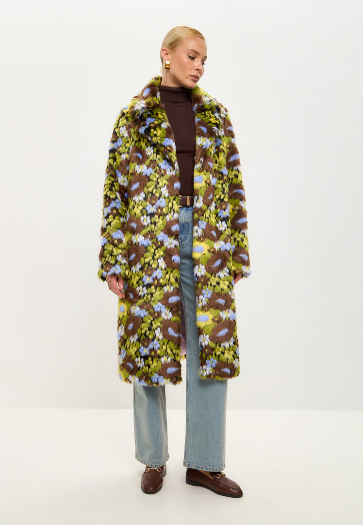 A stylish and fashionable long faux fur coat with a vibrant floral print design, perfect for a trendy winter look.