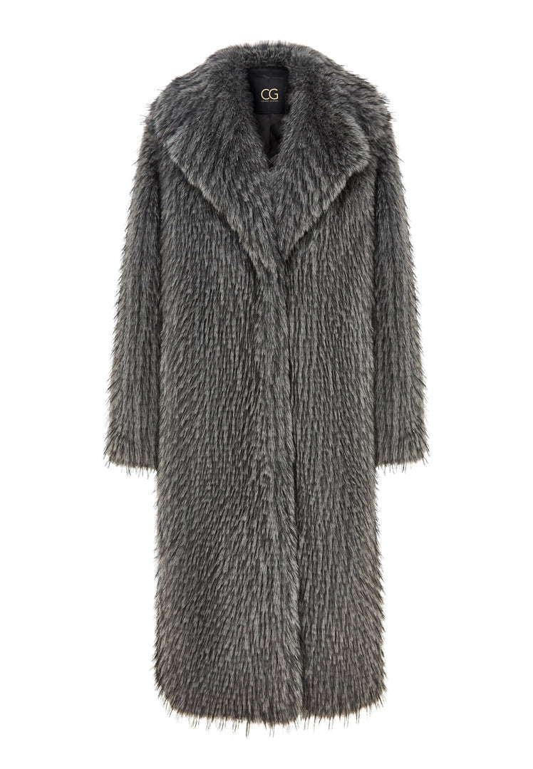 A stylish and luxurious black faux fur coat named Natalie, a high-end designer piece.