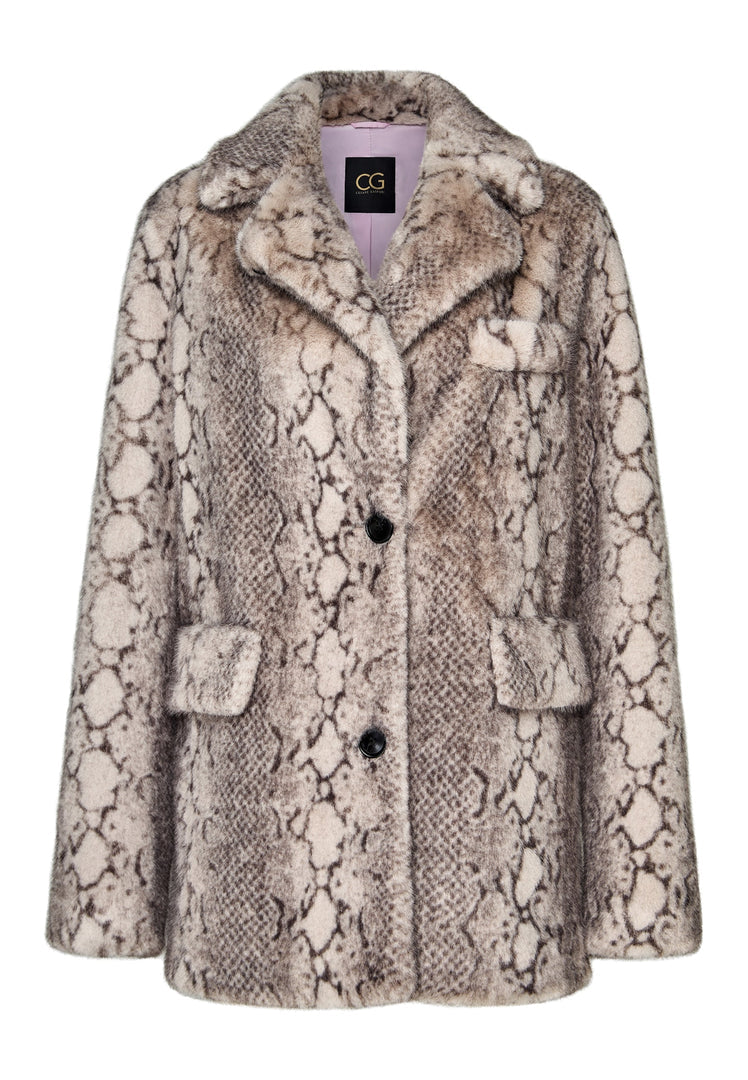 A chic and trendy beige faux fur and snake print Niuvis coat, perfect for staying stylish in the winter season.