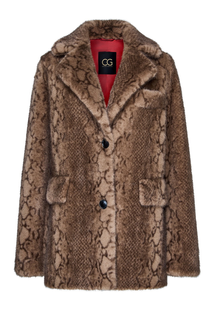 Stay warm and fashionable this winter with this trendy outerwear piece - a stylish brown faux fur snake print coat by Niuvis.