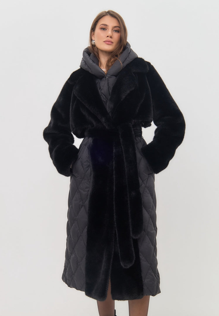 A stylish black quilted faux fur coat for women, the perfect chic winter fashion outerwear with a belted design.