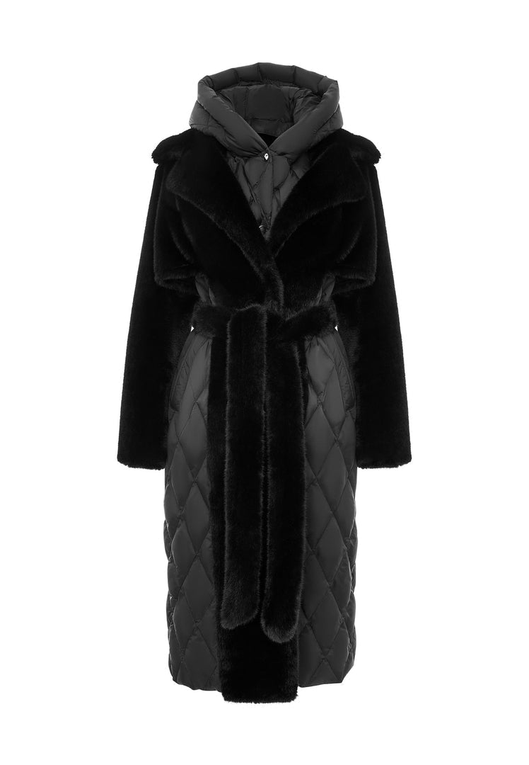A stylish black quilted faux fur coat with a belt for women, perfect for staying warm and chic during winter.