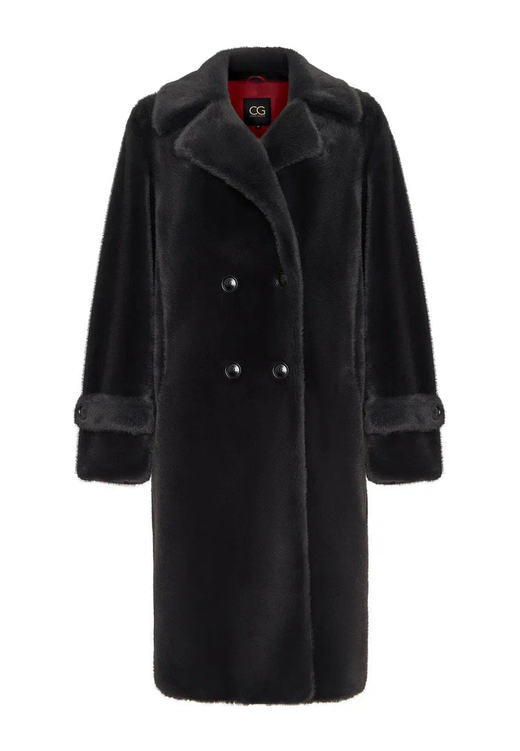 A stylish black faux fur Miriam coat for women, featuring a double-buttoned design perfect for winter.
