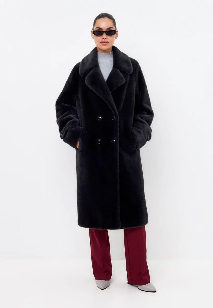 A stylish women's black faux fur Miriam coat with double buttons, perfect for winter fashion.