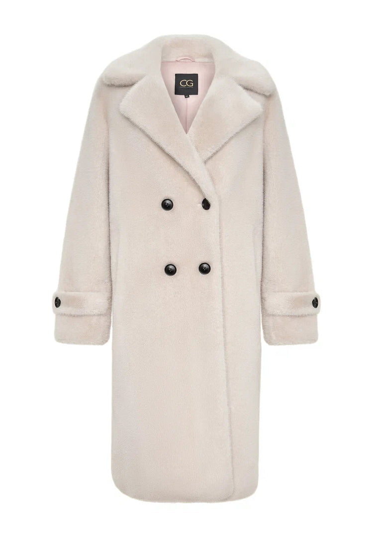 A chic winter fashion coat in white, featuring a faux fur collar and double-buttoned design, known as the Miriam coat.
