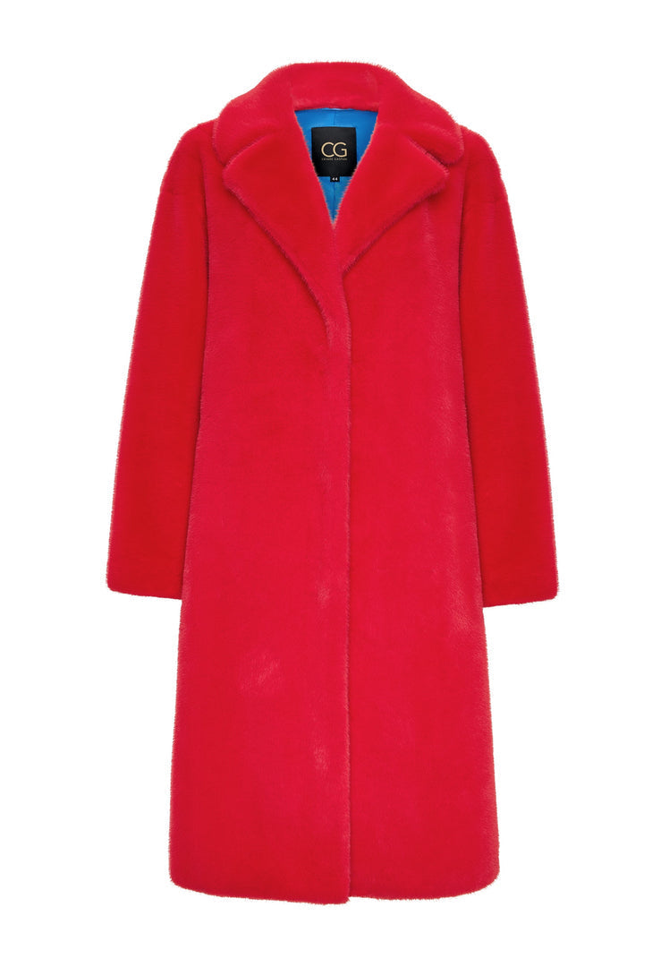 A stylish red deluxe long coat with a unique back print design, for coat lovers and fashion outerwear enthusiasts.