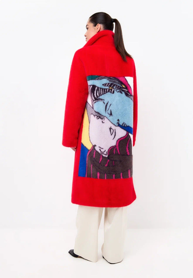 A stylish red deluxe long coat with a unique back print design, perfect for coat lovers and fashion outerwear enthusiasts.