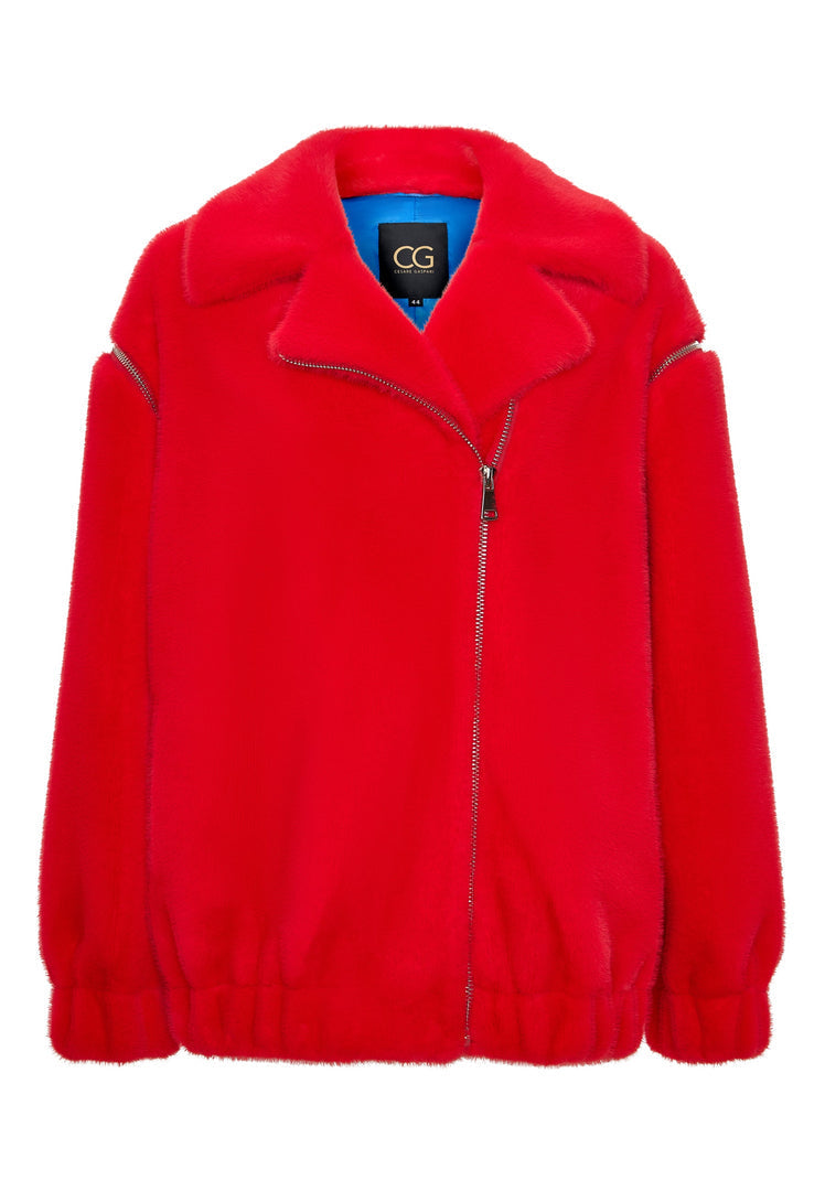 A stylish and cozy short red faux fur coat, perfect for winter, the Marilyn faux fur coat for women.