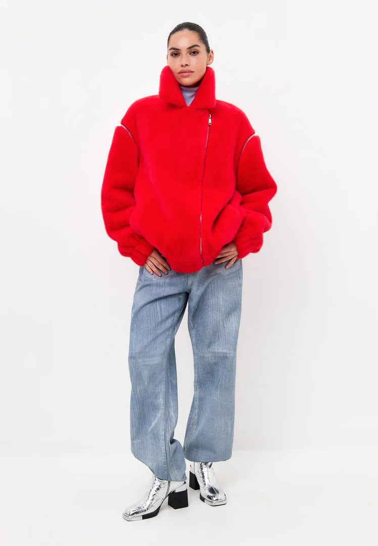 A stylish and cozy Marilyn red faux fur coat for women, perfect for the winter season.