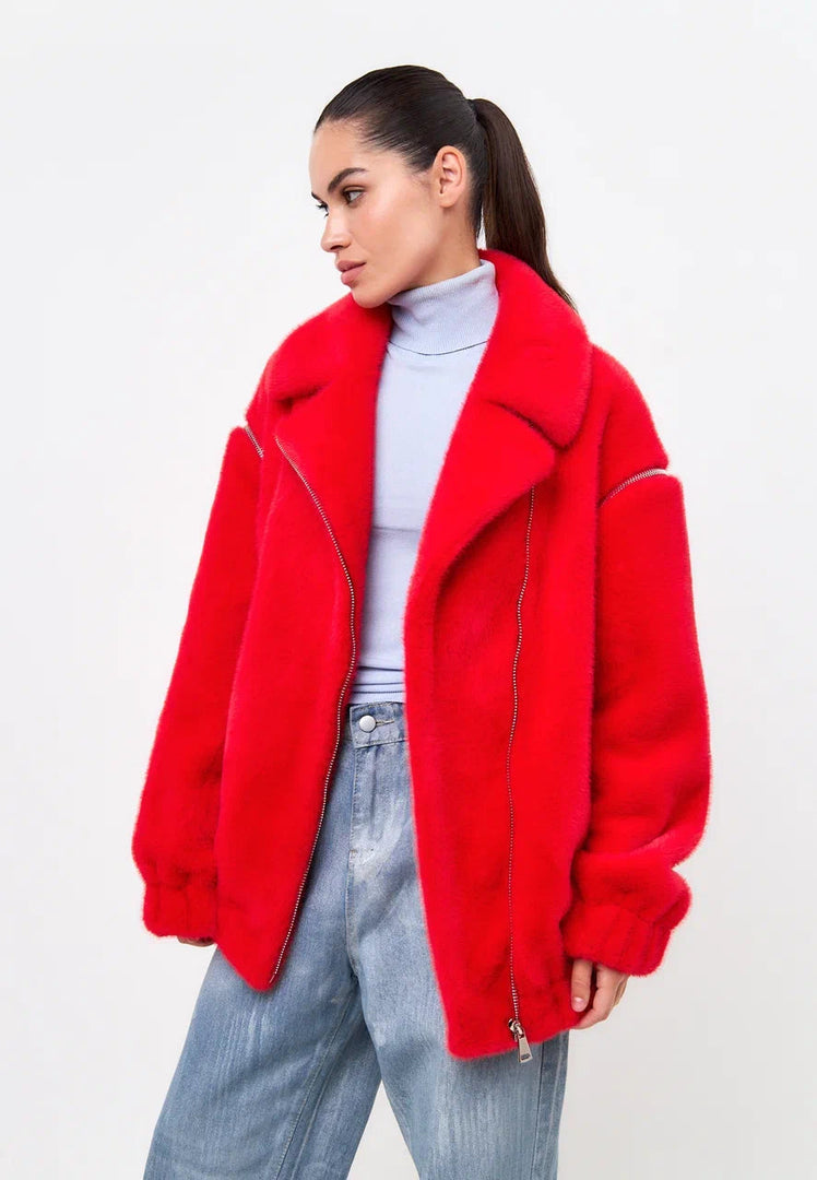 A stylish and cozy red Marilyn faux fur coat for women, perfect for winter.