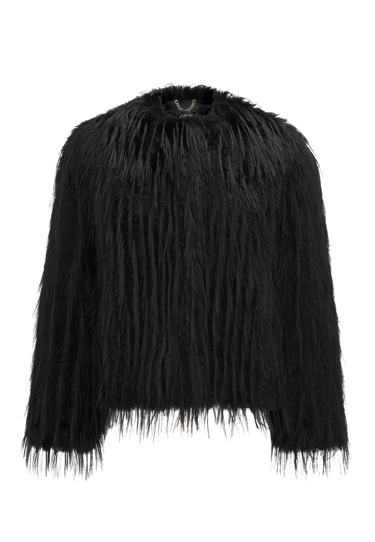 A stylish black faux fur winter jacket, perfect for staying cozy and fashionable all season long.