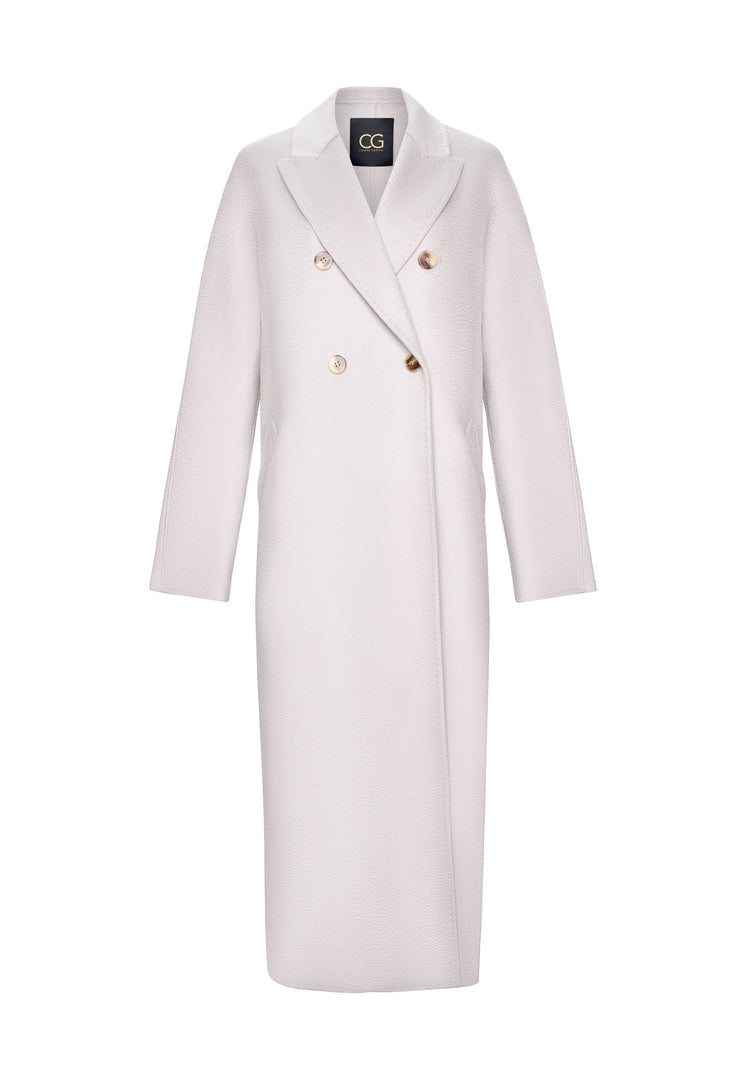 A sophisticated and chic Rosie White Coat, a Classic Luxe Long Coat perfect for winter, is the epitome of luxury and style in outerwear.