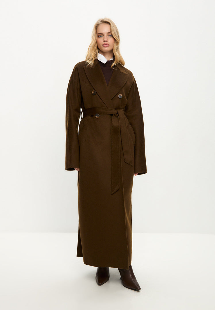 A luxurious long coat in classic brown outerwear, perfect for winter fashion.
