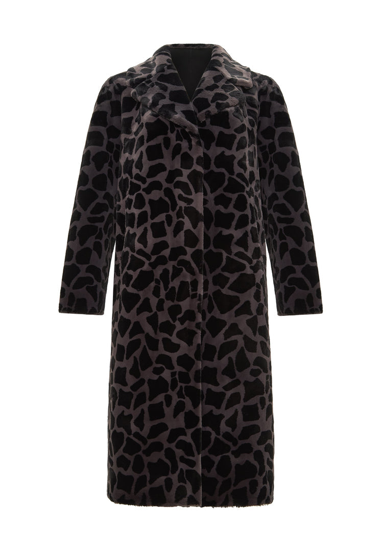A stylish faux fur Pantera reversible animal print coat in black, a must-have fashion winter outerwear piece.