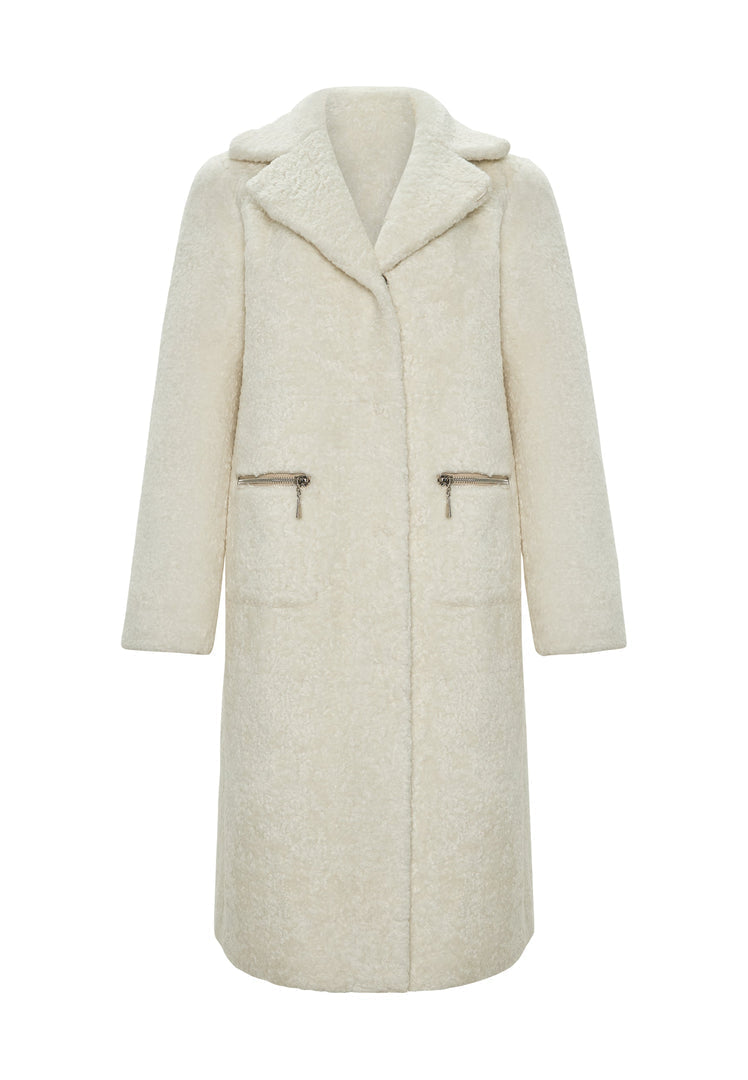 A fashionable white reversible printed coat with a trendy catty print design for women, perfect as a statement fashion outerwear piece.