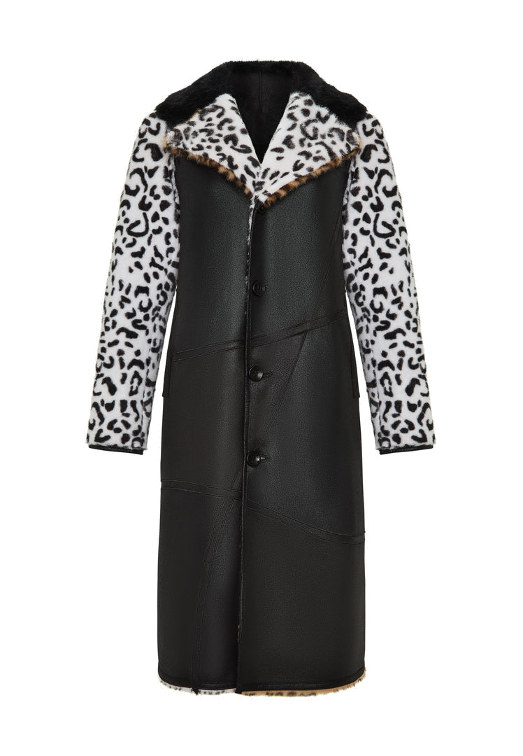 Stay cozy and stylish with this Flavia mixed print reversible faux fur coat featuring a trendy leopard print on one side and a solid color on the other.