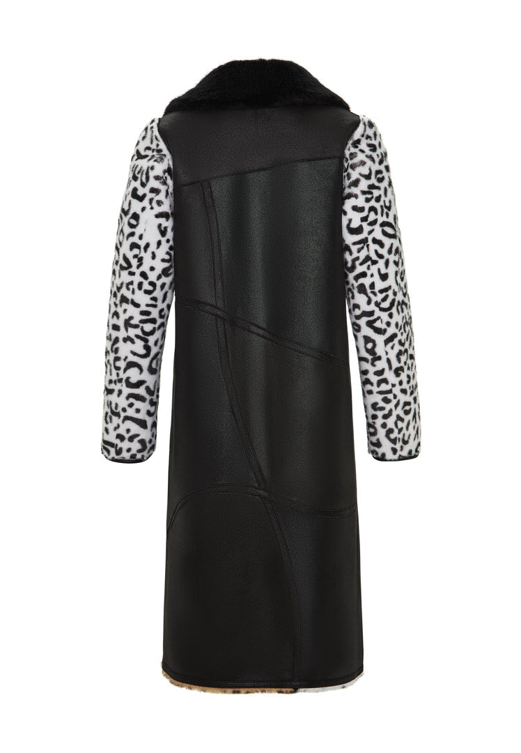 A stylish reversible faux fur Flavia coat with leopard print and mixed prints, serving as the perfect on-trend faux fur jacket.