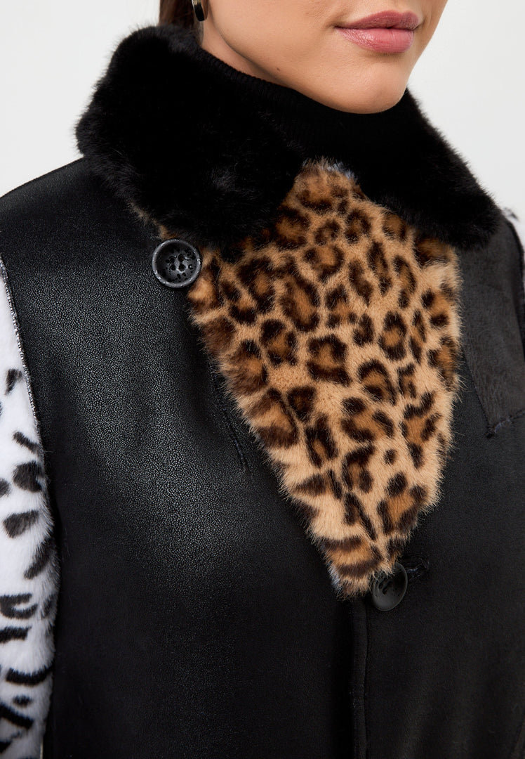 A stylish reversible faux fur Flavia coat in leopard print and mixed patterns, a must-have faux fur jacket for your winter wardrobe.