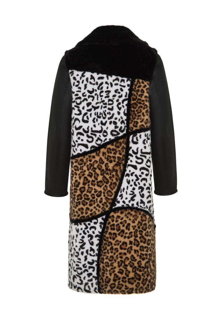A stylish Flavia coat featuring a reversible design with leopard print and mixed print faux fur, perfect for staying warm and on-trend.