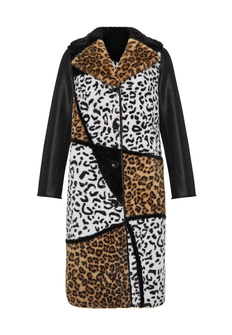 Stay cozy and chic in this stylish reversible faux fur coat featuring a trendy leopard print on one side and a fun mixed print on the other side, perfect for any fashion-forward individual. A luxurious Flavia coat that will elevate your winter wardrobe effortlessly.