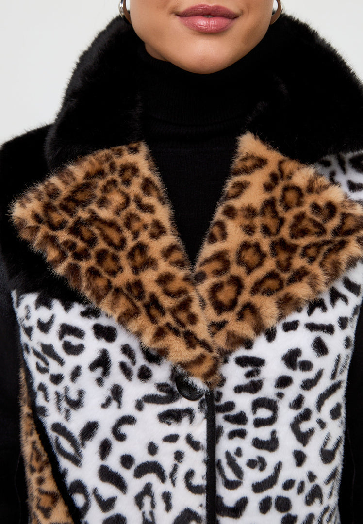 A stylish Flavia coat featuring a reversible leopard print faux fur jacket with mixed prints.