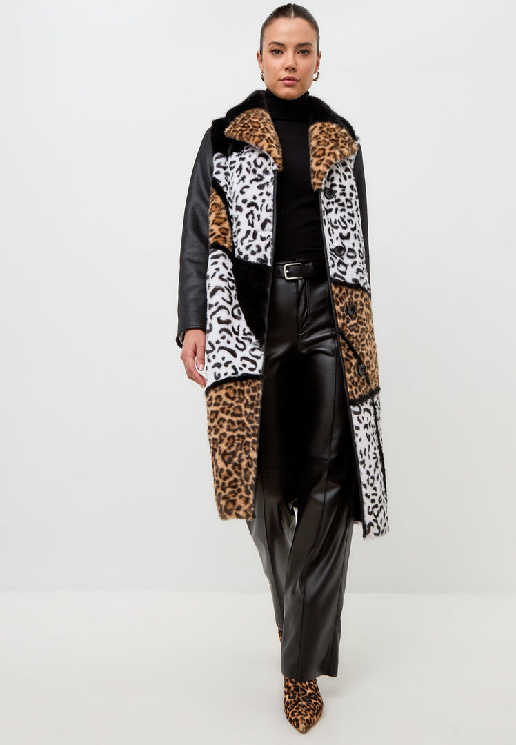 A stylish reversible faux fur Flavia coat with a trendy leopard and mixed print design.
