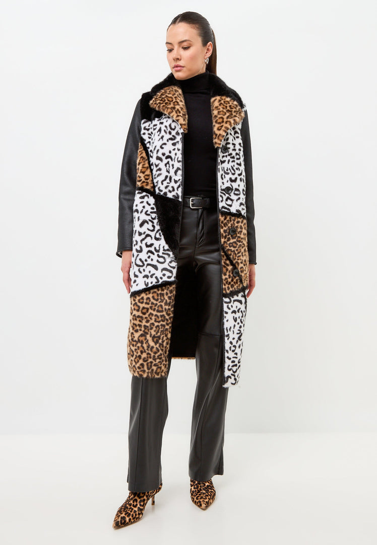 A cozy and stylish Flavia coat in a reversible leopard print faux fur jacket with mixed prints.