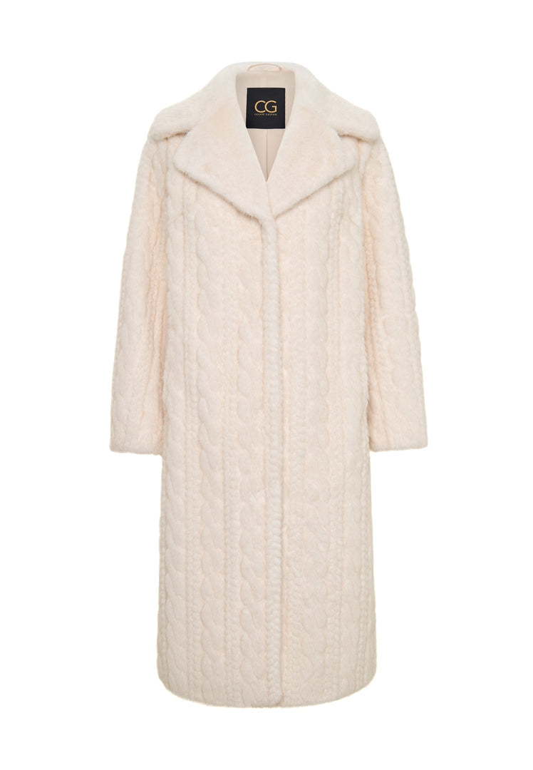 Stay warm and cozy this winter in an elegant cream cable knit coat with faux fur accent, also known as the Faux Fur Coat Hildi. This stylish knit fur jacket is the perfect addition to your winter wardrobe.
