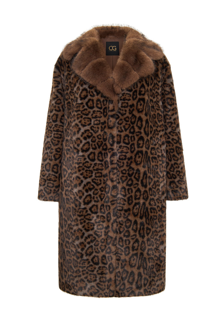 A chic Leopard print faux fur coat from Ivy brand clothing, epitomizing luxury winter fashion in stylish outerwear.