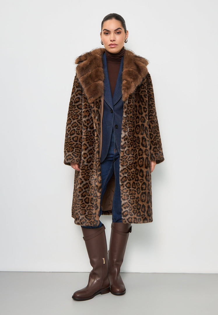 A fashionable Leopard print faux fur coat from the Ivy brand, perfect for luxury winter fashion enthusiasts.