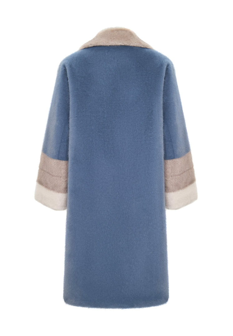 A stylish blue faux fur coat with crystal embellishments, perfect for adding elegance to your winter fashion.