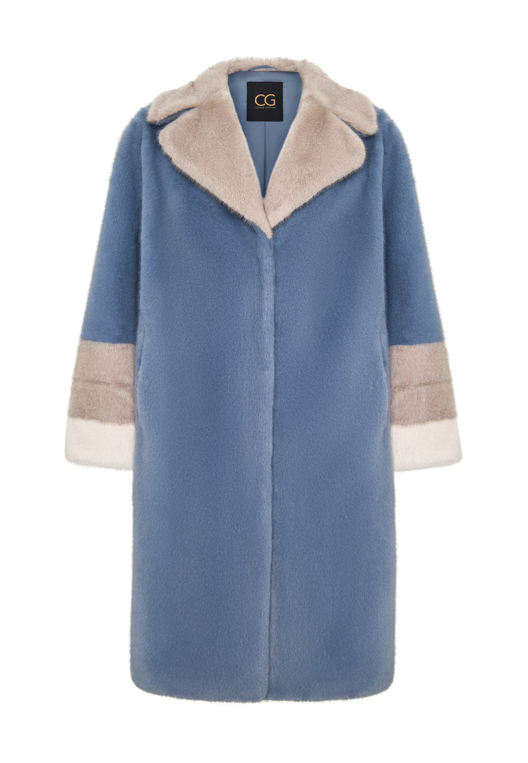A winter fashion statement - a luxurious faux fur coat in elegant blue with crystal embellishments.