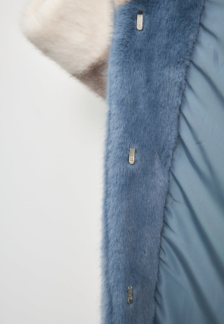 A stylish blue faux fur coat with crystal embellishments, perfect for adding an elegant touch to your winter fashion ensemble.