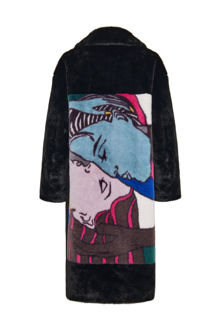 Fashionable long black coat with a stylish print pattern, perfect for deluxe coat lovers and black coat enthusiasts.