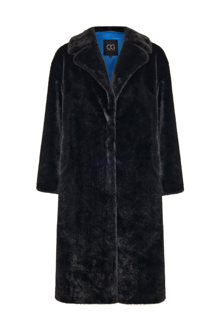 A stylish and elegant long black coat with a unique print design, perfect for deluxe coat lovers and black coat enthusiasts.