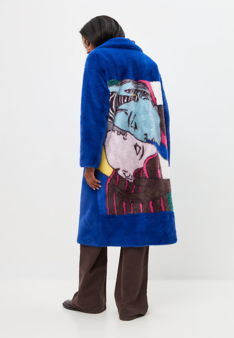A stylish blue long back print coat for deluxe coat lovers, perfect for long coat fashion enthusiasts.