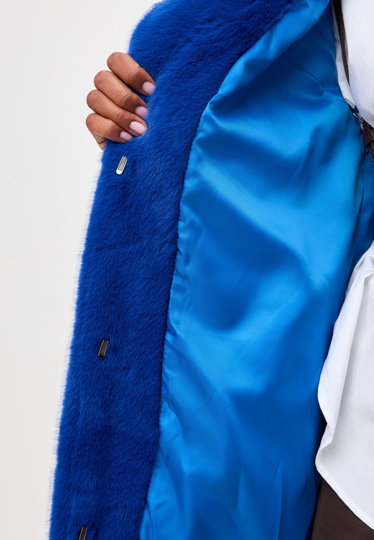 A fashionable blue long back print coat ideal for deluxe coat lovers, showcasing the latest in long coat fashion for stylish women.