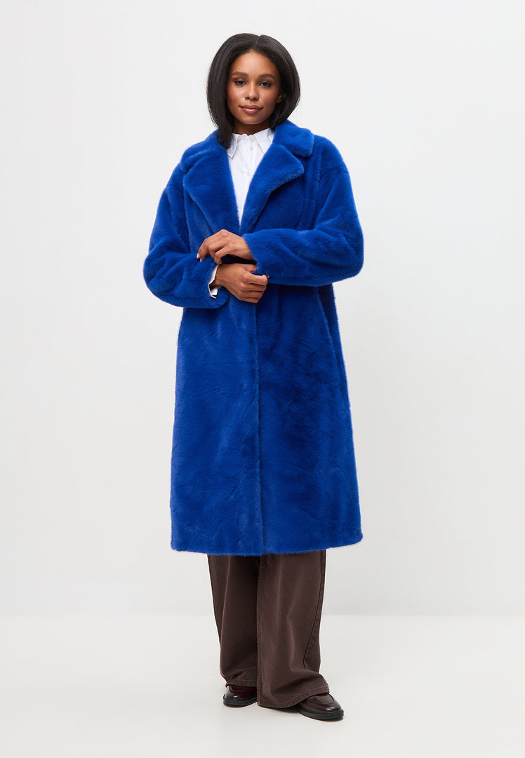 A stylish blue long back print coat perfect for deluxe coat lovers who appreciate long coat fashion - a stylish choice for women.