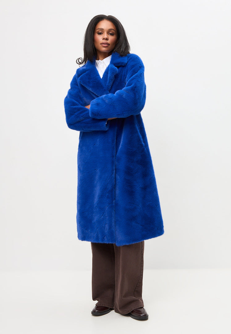 A stylish blue long back print coat, perfect for deluxe coat lovers and long coat fashion enthusiasts, a must-have for stylish women's wardrobes.