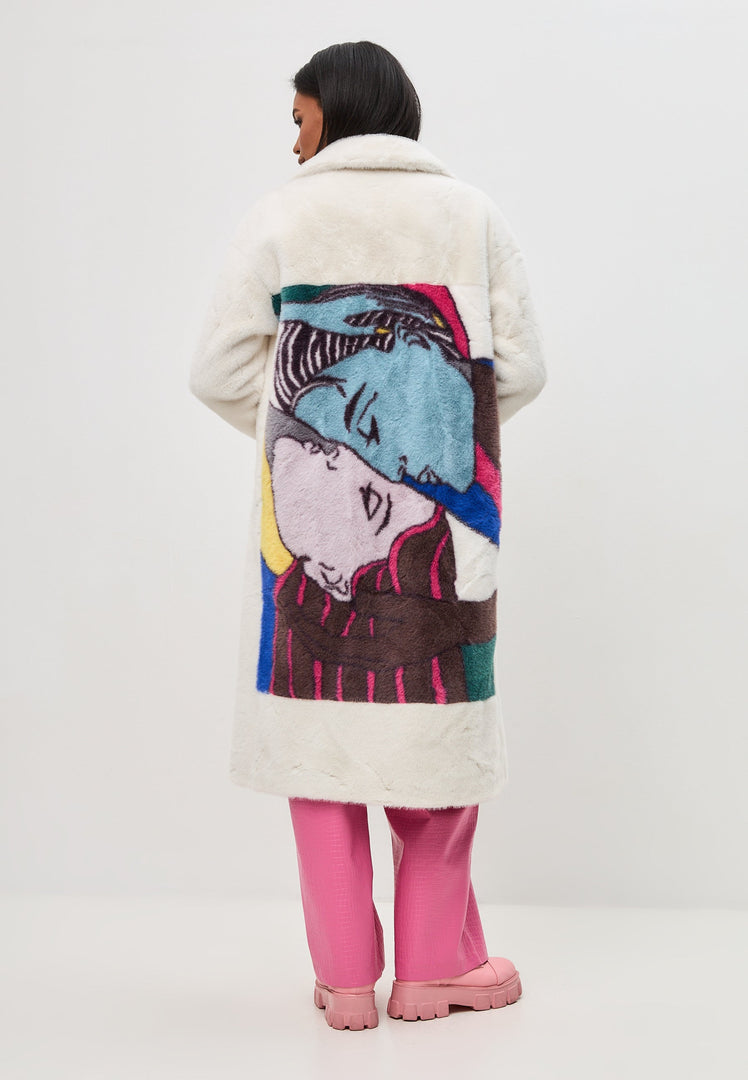 A stylish white long back coat with deluxe print for coat lovers and long coat lovers.