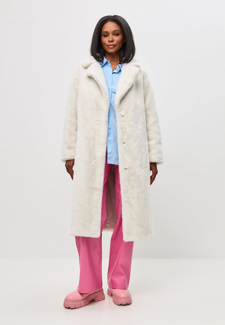 A fashionable white long back coat with deluxe print design, perfect for coat lovers and long coat lovers.