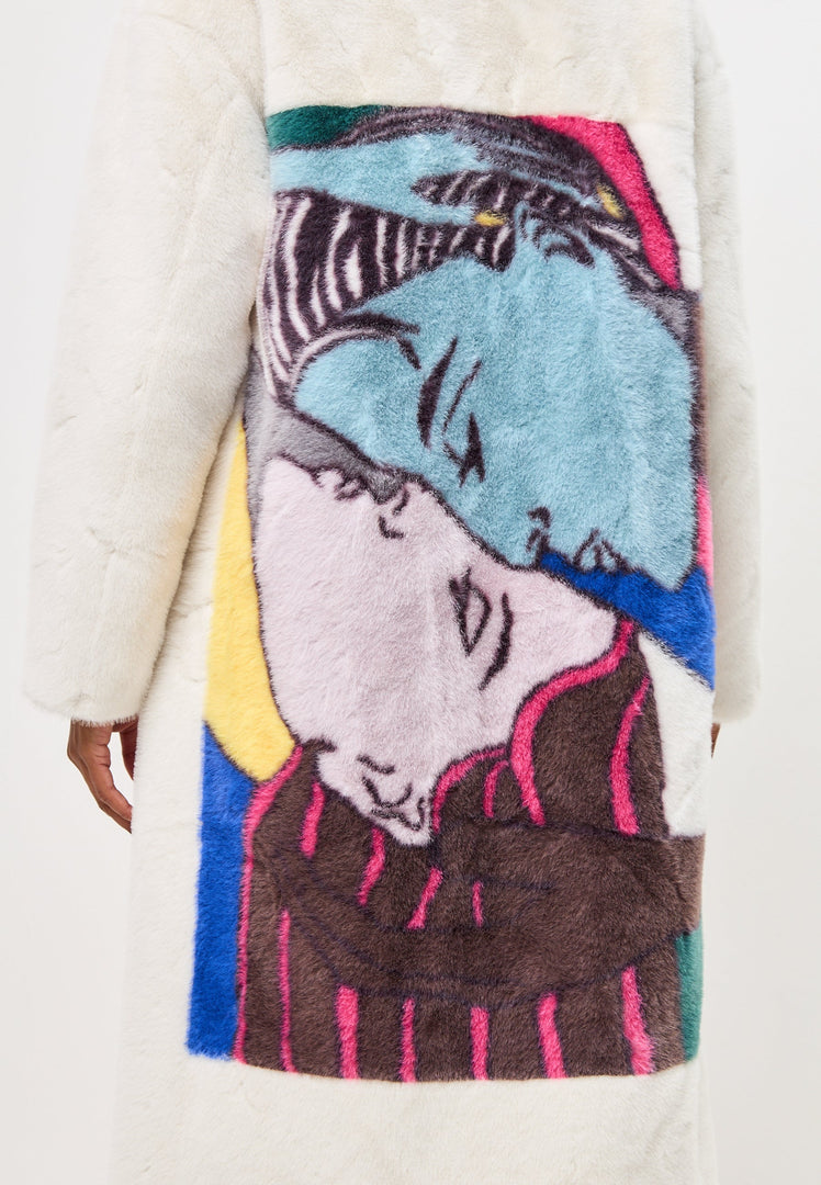 A stylish long white coat with deluxe print designs, perfect for coat lovers and long coat enthusiasts.
