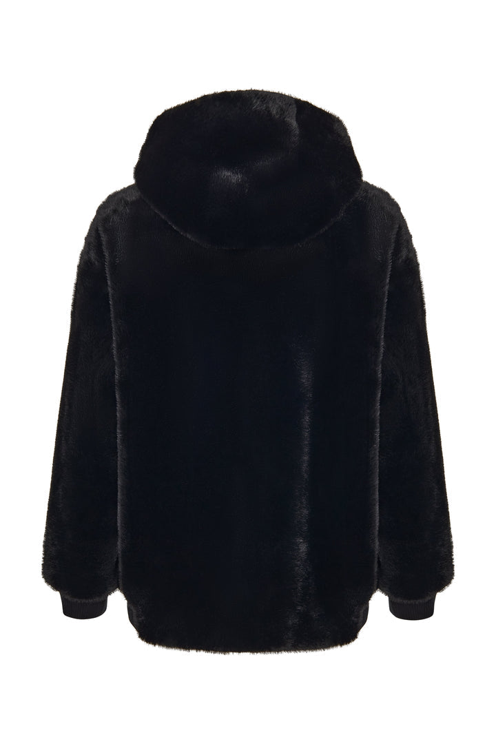A stylish Neve faux fur coat, a chic black faux fur jacket for women's winter fashion.