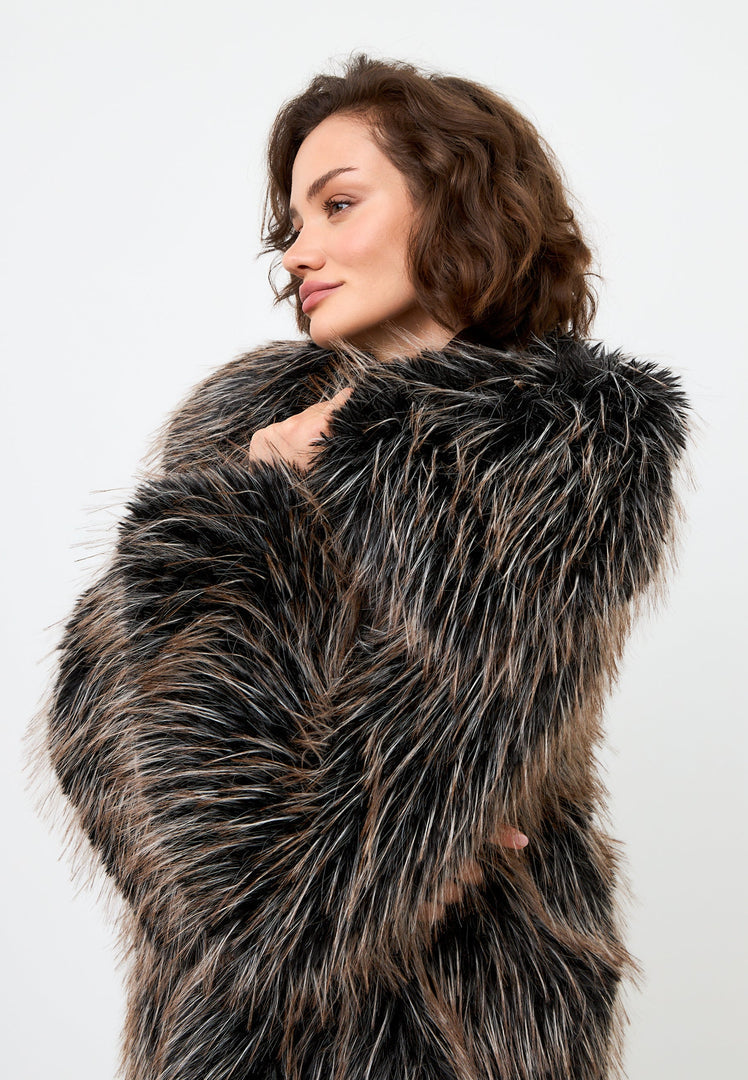 A stylish and luxurious short brown faux fur coat, the Icelyn coat.